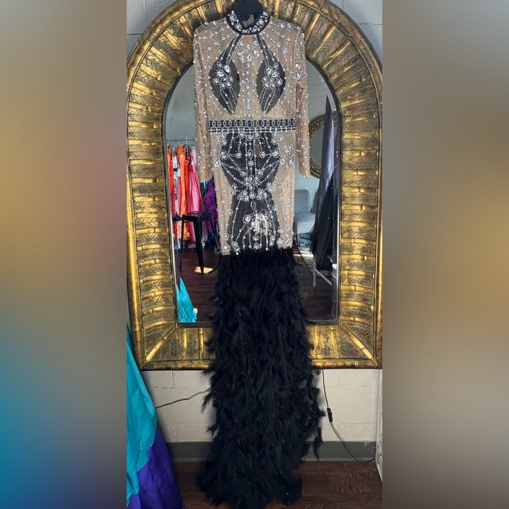 Elegant Black and Nude Feather Gown Opaque See Through for maternity or boudoir